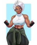  1girl abs black_pants blue_eyes breasts clenched_hands clothes_around_waist commentary contrapposto crop_top dark-skinned_female dark_skin earrings english_commentary fingerless_gloves gloves highres jewelry kooj_artz large_breasts muscular muscular_male original pants short_hair solo sweater sweater_around_waist thick_thighs thighs white_hair 