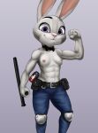  abs anthro bow_tie breasts clothed clothing club_(weapon) disney female flexing fur grey_body grey_fur hi_res judy_hopps lagomorph leporid mammal melee_weapon muscular muscular_anthro muscular_female nightstick nsfy_(artist) police_uniform pose purple_eyes rabbit solo topless uniform weapon zootopia 