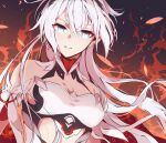  1girl aer007580 bangs blue_eyes breasts dutch_angle earrings fire hair_between_eyes honkai_(series) honkai_impact_3rd jewelry kiana_kaslana kiana_kaslana_(herrscher_of_flamescion) long_hair looking_at_viewer medium_breasts midriff parted_lips single_earring smile solo white_hair 