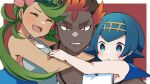  1boy 2girls black_hair blue_hair blush collarbone commentary_request dark-skinned_female dark-skinned_male dark_skin girl_sandwich green_hair hug kiawe_(pokemon) lana_(pokemon) looking_at_viewer mallow_(pokemon) mochi_(g_mochi) multicolored_hair multiple_girls open_mouth pokemon pokemon_(game) pokemon_sm sandwiched smile sweat topless_male two-tone_hair v-shaped_eyebrows 