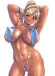  1girl arms_behind_head blonde_hair breasts cameltoe covered_nipples dark-skinned_female dark_skin earrings haebaru_misora hagure_idol_jigokuhen jewelry large_breasts long_hair looking_at_viewer mole mole_under_mouth navel one_eye_closed ponytail pubic_stubble red_eyes slingshot_swimsuit smile solo standing swimsuit takatou_rui 