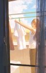  1girl black_eyes brown_hair brown_pants clothesline cloud cloudy_sky curtains day drying drying_clothes fjsmu highres indoors laundry long_hair open_mouth original pants shirt sky solo white_shirt 