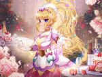  1girl absurdres apron bangs big_hair blonde_hair blueberry blunt_bangs bottle bridal_gauntlets cake closed_mouth clothing_cutout commentary commission cup cure_finale day delicious_party_precure dessert dress drinking_glass english_commentary flower food fruit gloves hair_ornament hando_2020 heart heart_hair_ornament highres holding holding_cup kasai_amane lens_flare light_particles long_hair long_sleeves looking_at_viewer magical_girl medium_dress outdoors petals pink_flower pink_rose plate precure purple_dress purple_eyes purple_headwear rainbow reaching_towards_viewer rose shoulder_cutout sidelocks smile solo sparkle standing strawberry strawberry_cake sunlight table tiara waist_apron white_gloves wine_bottle wine_glass 
