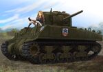  1girl black_footwear black_shirt blonde_hair blue_eyes blue_shorts blue_sky boots brown_jacket cloud cloudy_sky commentary crossed_legs day denim denim_shorts emblem girls_und_panzer grass ground_vehicle highres jacket kay_(girls_und_panzer) long_hair long_sleeves looking_at_viewer m4_sherman military military_uniform military_vehicle motor_vehicle on_vehicle open_clothes open_jacket open_mouth outdoors saunders_(emblem) saunders_military_uniform shirt short_shorts shorts sitting sky smile solo star_(symbol) tank thighhighs tigern_(tigern28502735) uniform vehicle_focus white_thighhighs zipper 