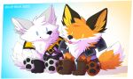  2023 anthro arctic_fox blep blue_eyes brown_body brown_fur canid canine chibi clothing digital_media_(artwork) duo epic_games fennix_(fortnite) fortnite fox fur gloves handwear hi_res leo-wolf male mammal orange_body orange_fur pawpads paws smile tongue tongue_out white_body white_fur winter_warrior_fennix yellow_eyes 