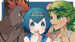  1boy 2girls black_hair blue_eyes blue_hair blush collarbone commentary_request covering_mouth dark-skinned_female dark-skinned_male dark_skin green_eyes green_hair kiawe_(pokemon) lana_(pokemon) looking_at_another looking_at_viewer mallow_(pokemon) mochi_(g_mochi) multicolored_hair multiple_girls open_mouth pokemon pokemon_(game) pokemon_sm topless_male two-tone_hair upper_body whispering 