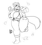  2022 anthro big_breasts blush blush_lines breasts clothing domestic_cat felid feline felis female hat headgear headwear hi_res huge_breasts huge_thighs hyper hyper_breasts lunarspy mammal monochrome one_eye_closed signature simple_background smile snow snowball snowball_fight solo text thick_thighs 