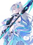  1girl aer007580 armor bronya_zaychik bronya_zaychik_(herrscher_of_truth) cowboy_shot from_side gloves grey_eyes grey_hair high_ponytail highres holding holding_polearm holding_weapon honkai_(series) honkai_impact_3rd long_hair looking_down parted_lips polearm profile simple_background solo weapon white_background 