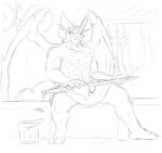  2019 anthro biped bucket clothed clothing container dragon horn inside looking_at_viewer male melee_weapon monochrome muscular muscular_anthro muscular_male polishing ruze scalie signature sitting solo sword topless topless_male towel towel_around_waist towel_only weapon western_dragon wings zerofox1000 