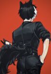  1boy animal_ears ass belt black_belt black_gloves black_hair black_pants black_shirt black_vest cowboy_shot facing_away from_behind gloves half_gloves hand_on_hip highres holostars jackal_boy jackal_ears jackal_tail kageyama_shien male_focus momiage_40 multicolored_hair pants red_background shirt short_hair simple_background sleeves_rolled_up solo tail two-tone_hair vest white_hair 