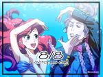  1boy 1girl ariel_(disney) bikini blue_eyes bow bowtie commentary_request dated eight_foot_joe framed lipstick makeup ochanoko_(get9-sac) open_mouth red_hair red_lips smile strapless strapless_bikini swimsuit the_little_mermaid tokyo_disneysea twitter_username underwater white_hair 