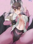  1girl animal_ears bare_shoulders bat_ears bat_girl bat_wings breasts brown_eyes brown_hair brown_long-eared_bat_(kemono_friends) cleavage elbow_gloves extra_ears fingerless_gloves gloves grey_hair highres kemono_friends kemono_friends_v_project kyonin_dofu large_breasts leotard long_hair looking_at_viewer navel pantyhose simple_background solo virtual_youtuber wings 