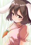  1girl :3 animal_ears bangs blush breasts brown_eyes brown_hair carrot_necklace closed_mouth commentary_request floppy_ears hair_between_eyes highres inaba_tewi jewelry looking_at_viewer necklace pink_shirt puffy_short_sleeves puffy_sleeves rabbit_ears rabbit_girl ribbon-trimmed_sleeves ribbon_trim shirt short_hair short_sleeves small_breasts smile solo tetorariumu touhou upper_body 