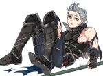  1boy armor armored_boots boots broken_armor fire_emblem fire_emblem_fates green_eyes grey_hair highres holding holding_polearm holding_weapon lying male_focus on_back polearm quiff scar silas_(fire_emblem) torn_clothes val_mey weapon 