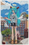  1girl angel_wings aqua_eyes aqua_hair bag bagged_fish balcony bangs black_shorts blue_sky border bucket carnivorous_plant closed_mouth cloud cloudy_sky collarbone dot_nose empty_eyes expressionless fish food full_body goldfish hair_between_eyes hair_ornament hairclip halo hammer hand_up hatsune_miku holding holding_bag long_hair meat nail_polish outdoors print_shirt sandals shirt short_sleeves shorts single_wing sky smoke solo standing striped striped_shorts t-shirt twintails vertical-striped_shorts vertical_stripes vocaloid wabun white_border white_shirt wings 