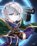  1girl absurdres bangs belt blue_eyes brown_belt brown_gloves capelet closed_mouth commentary_request dress gloves gold_trim green_capelet grey_hair gun hair_between_eyes hair_ornament highres kafuu_(user_nxhg3438) long_sleeves looking_at_viewer magic magic_circle meteora_osterreich purple_dress re:creators short_hair signature solo weapon 