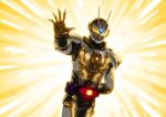  1boy abs armguards black_bodysuit bodysuit bug driver_(kamen_rider) gold_armor highres kamen_rider kamen_rider_gazer kamen_rider_geats_(series) looking_at_viewer male_focus manly open_hand otokamu outstretched_hand rider_belt sunlight tokusatsu vambraces villain_pose vision_driver 