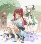  1boy 2girls barefoot_sandals black_shorts blue_eyes blush borrowed_hairstyle cyno_(genshin_impact) dark-skinned_male dark_skin dress flower genshin_impact green_eyes grey_hair hair_behind_ear hair_flower hair_ornament halterneck harem_outfit head_tilt highres holding holding_flower kk_(kkgame7733) light_smile looking_at_viewer multiple_girls nahida_(genshin_impact) nail_polish nilou_(genshin_impact) pointy_ears purple_flower red_hair shorts shrug_(clothing) sitting smile stirrup_legwear toeless_legwear toenail_polish toenails tree white_dress 