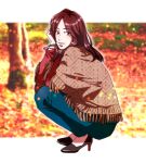  1girl autumn_leaves bracelet brown_eyes brown_hair commentary_request from_side full_body high_heels jewelry ochanoko_(get9-sac) smile solo spec squatting star_(symbol) touma_saya tree 