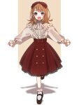  1girl :d ankle_socks bangs black_footwear bobby_socks bow braid brown_background brown_hair buttons center_frills dot_nose flat_chest footwear_bow frilled_sleeves frills full_body grey_eyes hair_ribbon hanasato_minori happy high-waist_skirt koyuto_(koyutotyokoreto) light_blush long_skirt long_sleeves looking_at_viewer mary_janes medium_hair neck_ribbon open_mouth project_sekai puffy_long_sleeves puffy_sleeves red_ribbon red_skirt ribbon shadow shirt shoes simple_background skirt smile socks solo spread_legs square standing standing_on_one_leg striped striped_skirt swept_bangs two-tone_background vertical-striped_skirt vertical_stripes white_background white_ribbon white_shirt white_socks wide-eyed 