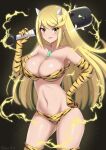  1girl absurdres animal_print bangs bikini blonde_hair breasts chest_jewel cleavage club_(weapon) commentary_request dark_background drop_earrings earrings elbow_gloves fake_horns fang gloves hand_on_hip highres holding_club horns jewelry kanabou large_breasts lightning long_hair looking_at_viewer mythra_(xenoblade) navel oni_horns open_mouth ryochan96154 setsubun simple_background smile solo spiked_club stomach swept_bangs swimsuit thighhighs twitter_username weapon xenoblade_chronicles_(series) xenoblade_chronicles_2 yellow_bikini yellow_eyes yellow_gloves 
