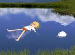  1girl afloat barefoot blonde_hair blue_sky closed_eyes cloud creature facing_up floating_hair grass light_blush midriff navel null-meta odayaka open_mouth orange_shorts outdoors outstretched_arms photo_background pond reflection reflective_water refraction ripples shirt short_hair short_sleeves shorts sky smile solo spread_arms swimming t-shirt uozumi_kurumi white_shirt 