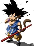  1boy absurdres black_eyes black_hair child commentary dragon_ball dragon_ball_gt frown full_body highres liedein male_child male_focus monkey_tail muscular muscular_child muscular_male nyoibo serious shadow signature solo son_goku tail torn_clothes wristband 