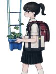  1girl absurdres backpack bag bag_charm bangs black_eyes black_hair charm_(object) closed_mouth flower from_side highres holding kneehighs morning_glory original plant ponytail profile randoseru shirt short_sleeves simple_background skirt socks solo suspender_skirt suspenders uniunimikan white_background white_shirt white_socks 