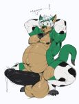  anthro balls belly big_balls big_belly big_penis bodily_fluids cow_costume cow_print_armwear cow_print_thighhighs cowbell facial_piercing genital_fluids genitals hi_res huge_balls huge_penis hyper hyper_balls hyper_genitalia hyper_penis jin_(jindragowolf) jindragowolf male nose_piercing nose_ring penis piercing precum ring_piercing solo 