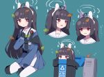  1girl absurdres animal_ear_headphones animal_ears binoculars black_hair blue_archive blue_background blush commentary_request depressed fake_animal_ears gloves halo headphones highres hime_cut leaf long_hair looking_at_viewer miyu_(blue_archive) open_mouth red_eyes school_uniform simple_background solo trash_can uhouhogorigori 