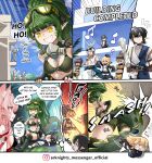  3boys 4girls animal_ears arknights bikini black_hair breasts breathing_fire cleavage crocodilian_tail crying dancing dreadlocks dreaming durin_(arknights) dwarf earrings elysium_(arknights) elysium_(shining_dew)_(arknights) english_text facial_hair fire gas_mask gavial_(arknights) gavial_the_invincible_(arknights) giant giantess goggles goggles_on_head green_hair grey_hair highres hm_(hmongt) jewelry large_breasts long_hair mask medium_hair minimalist_(arknights) multicolored_hair multiple_boys multiple_girls mustache navel nightmare official_alternate_costume official_art pink_hair pointy_ears pozyomka_(arknights) right-to-left_comic sideboob sleeping speech_bubble streaked_hair swimsuit tail wolf_ears wolf_girl 