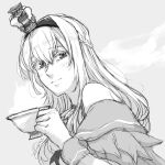  1girl blush braid closed_mouth crown cup dated dress french_braid hair_between_eyes hairband holding holding_cup kantai_collection long_hair long_sleeves mini_crown off-shoulder_dress off_shoulder signature sketch solo upper_body warspite_(kancolle) yamada_rei_(rou) 