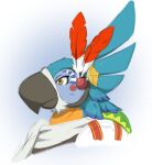  2017 anthro avian beak biped bird blue_body blue_feathers breath_of_the_wild bust_portrait clothed clothing colored feathers kass_(tloz) male mammal nintendo portrait rito signature simple_background smile solo the_legend_of_zelda white_background yellow_eyes zerofox1000 