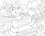  2018 5_fingers ambiguous_gender anthro clothed clothing dragon fingers food group hair horn male monochrome muffin pretzel_(food) scalie signature smile swamp_dragon tomei_(zerofox1000) tray western_dragon zerofox1000 