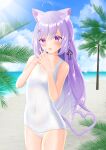  1girl absurdres ahoge animal_ear_fluff animal_ears beach blue_sky cat_ears cat_tail cloud commentary_request commission day heart heart_tail heterochromia highres horizon indie_virtual_youtuber long_hair mikeneko_(utaite) ocean one-piece_swimsuit outdoors palm_tree pixiv_commission purple_eyes purple_hair red_eyes school_swimsuit sky solo surgate_matias swimsuit tail tree utaite_(singer) virtual_youtuber white_one-piece_swimsuit 