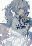  1girl 25-ji_miku 25-ji_night_code_de._(project_sekai) blue_flower blue_rose buttons cherico chest_harness collared_dress dress expressionless eyelashes facing_viewer fingernails flat_chest flower frilled_sleeves frills green_eyes grey_hair hair_between_eyes hair_ribbon half-closed_eyes harness hatsune_miku heterochromia highres holding holding_flower leaf long_hair long_sleeves looking_afar neck_ribbon orange_flower orange_rose parted_lips pink_flower pink_rose project_sekai purple_eyes red_ribbon ribbon rose shade sidelocks signature simple_background solo twintails upper_body very_long_hair vocaloid wavy_hair white_background white_dress white_ribbon yellow_flower yellow_rose 