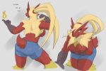  2020 anthro avian bare_breasts biped blaze_(agitype01) blaziken blue_bottomwear blue_clothing blue_pants blue_shorts bottomwear breasts clothed clothing colored dialogue english_text female fur generation_3_pokemon hair nintendo nipples non-mammal_breasts pants pokemon pokemon_(species) red_body red_fur shorts solo standing text topless topless_anthro topless_female zerofox1000 