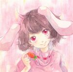  1girl ahoge animal_ears bangs brown_hair carrot_necklace closed_mouth commentary_request floppy_ears head_tilt inaba_tewi jewelry kudami_rido looking_at_viewer necklace painting_(medium) pink_background pink_skirt portrait rabbit_ears rabbit_girl red_eyes ribbon-trimmed_shirt short_hair skirt smile solo touhou traditional_media watercolor_(medium) 