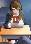  1girl black-framed_eyewear black_bean blazer bow bowtie breast_rest breasts brown_hair classroom collared_shirt desk dress_shirt headphones highres indoors jacket large_breasts locker long_hair looking_at_phone low_twintails original phone red_bow red_bowtie school_desk school_uniform shirt sitting skirt solo_focus twintails white_shirt 