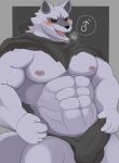  2023 5_fingers abs ai_only_dream anthro biceps black_clothing black_nose black_sclera blush breath bulge canid canine canis clothed clothing death_(puss_in_boots) erection erection_under_clothing fingers fur gender_symbol grey_body grey_fur hi_res looking_at_viewer male male_symbol mammal muscular muscular_anthro muscular_male nipples open_mouth pecs pink_tongue puss_in_boots_(film) puss_in_boots_the_last_wish red_eyes solo speech_bubble symbol teeth tongue wolf 