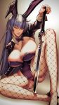  1girl action_taimanin animal_ears bangs blue_hair bow bowtie breasts fishnet_pantyhose fishnets green_eyes hair_between_eyes highres holding holding_sword holding_weapon igawa_asagi large_breasts leotard long_hair looking_at_viewer pantyhose playboy_bunny purple_bow purple_bowtie purple_leotard rabbit_ears sitting smile solo sword taimanin_(series) taimanin_asagi ticoayme weapon 