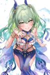  1girl anzu0130 bangs bare_shoulders blue_pants blush bracelet breasts cleavage collarbone green_eyes green_hair grin hair_ornament highres hip_vent honkai_(series) honkai_impact_3rd jewelry long_hair looking_at_viewer medium_breasts mobius_(daughter_of_corals)_(honkai_impact) mobius_(honkai_impact) pants smile solo thighs twintails water wet 