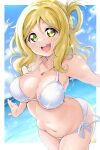  1girl bikini blonde_hair border breasts cleavage commentary cowboy_shot day hair_intakes highres jewelry kirisaki_reina large_breasts looking_at_viewer love_live! love_live!_sunshine!! medium_hair navel necklace ocean ohara_mari outdoors outside_border round_teeth side-tie_bikini_bottom single_bang single_hair_ring solo swimsuit tareme teeth upper_teeth_only white_background white_bikini white_border yellow_eyes 