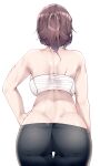  1girl absurdres ass bandages bandeau bare_arms bare_shoulders black_pants breasts brown_hair butt_crack chest_sarashi commentary cowboy_shot from_behind hand_on_hip highres large_breasts midriff original pants ponytail samip sarashi short_hair simple_background solo standing strapless tube_top white_background 