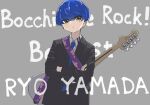  1girl absurdres bass_guitar blue_hair bob_cut bocchi_the_rock! crossed_arms dorarin ear_piercing formal highres instrument piercing short_hair simple_background solo suit yamada_ryou yellow_eyes 