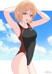 1girl absurdres armpits arms_behind_head artist_name black_one-piece_swimsuit blonde_hair breasts brown_eyes cloud cloudy_sky collarbone commission covered_navel cowboy_shot girls&#039;_frontline gotoo highres looking_at_viewer mp40_(girls&#039;_frontline) non-web_source one-piece_swimsuit open_mouth short_hair skeb_commission sky smile solo swimsuit 