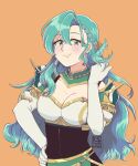  1girl aqua_hair armor blush bow braid breastplate breasts chloe_(fire_emblem) cleavage commentary elbow_gloves fire_emblem fire_emblem_engage gloves green_eyes grin hair_between_eyes hair_bow hand_on_hip highres kaguras-art large_breasts long_hair looking_at_viewer orange_background orange_bow pauldrons shoulder_armor simple_background smile solo upper_body very_long_hair white_gloves 