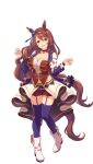  1girl :d animal_ears blue_eyes boots breasts brown_hair highres horse_ears horse_girl horse_tail jacket large_breasts long_hair looking_at_viewer midriff official_art purple_thighhighs red_shorts shorts simple_background smile solo starting_future_(umamusume) super_creek_(umamusume) tail thighhighs transparent_background umamusume very_long_hair white_footwear white_jacket 