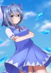  &gt;:) 1girl absurdres ahoge bangs blue_bow blue_dress blue_eyes blue_hair blue_sky blush bow breasts cirno closed_mouth cloud collar commentary crossed_arms doyagao dress hair_between_eyes hair_bow highres ice ice_wings looking_at_viewer medium_hair puffy_short_sleeves puffy_sleeves red_ribbon ribbon short_sleeves sidelocks sky small_breasts smile smug solo szl touhou v-shaped_eyebrows white_collar wing_collar wings 