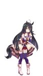  1girl ahoge animal_ears bangs black_hair ear_piercing earrings eyes_visible_through_hair full_body hair_over_one_eye highres horse_ears horse_girl jacket jewelry long_bangs long_hair long_sleeves looking_at_viewer manhattan_cafe_(umamusume) midriff multicolored_hair official_art piercing purple_thighhighs red_shorts shorts simple_background single_earring solo starting_future_(umamusume) thigh_strap thighhighs transparent_background umamusume white_hair white_jacket yellow_eyes 